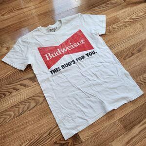 Budweiser White T Shirt Men's Medium "This Bud's For You" 100% Cotton Crew Neck